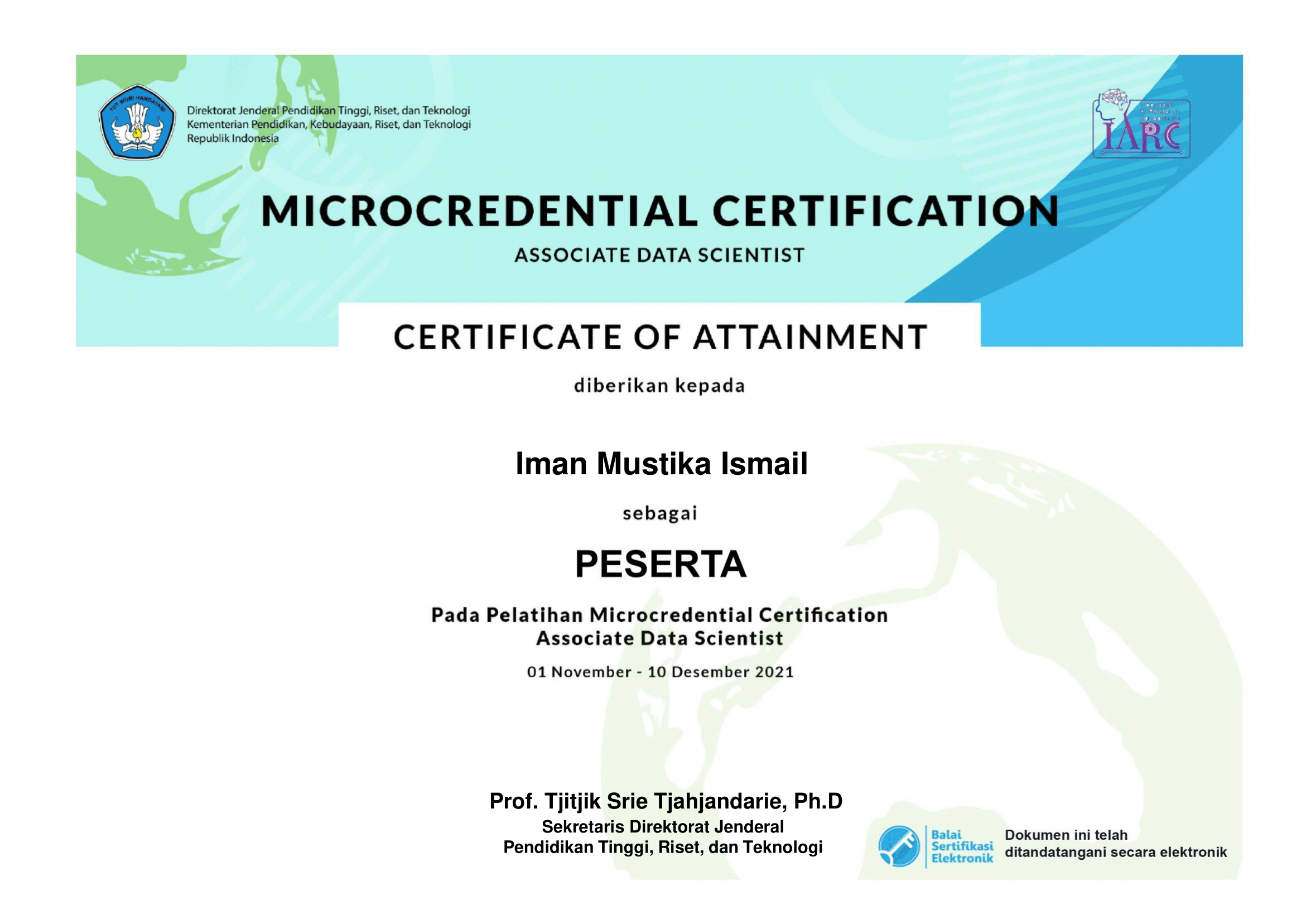 Associate Data Scientist Microcredential Certification certificate